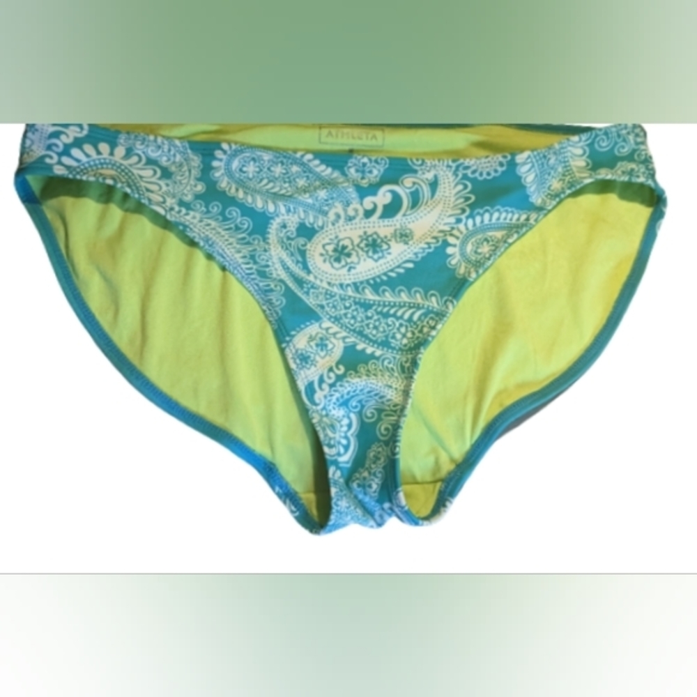 GUC Athleta turquoise white with lime green inside lining paisley bikini bottoms